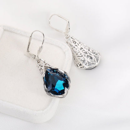 Navy Topaz Hollow Classical Blue Water Drop Earrings-Jewearrings