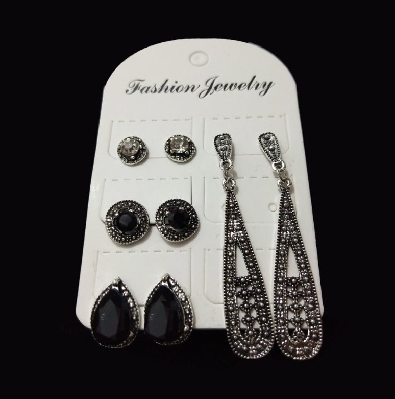 New Bohemian Black Diamond Long Vintage Zircon 4 Pair Stud Earrings Set Combination-Jewearrings