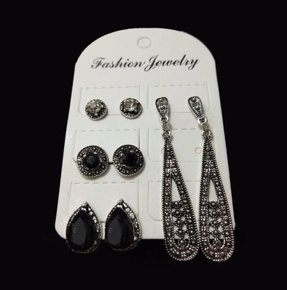 New Bohemian Black Diamond Long Vintage Zircon 4 Pair Stud Earrings Set Combination-Jewearrings