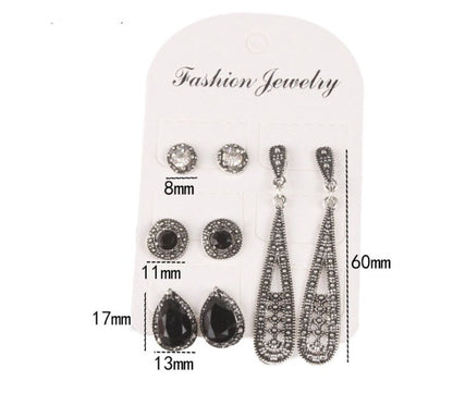 New Bohemian Black Diamond Long Vintage Zircon 4 Pair Stud Earrings Set Combination-Jewearrings