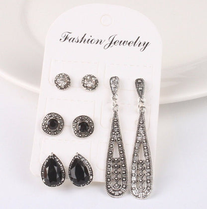 New Bohemian Black Diamond Long Vintage Zircon 4 Pair Stud Earrings Set Combination-Jewearrings