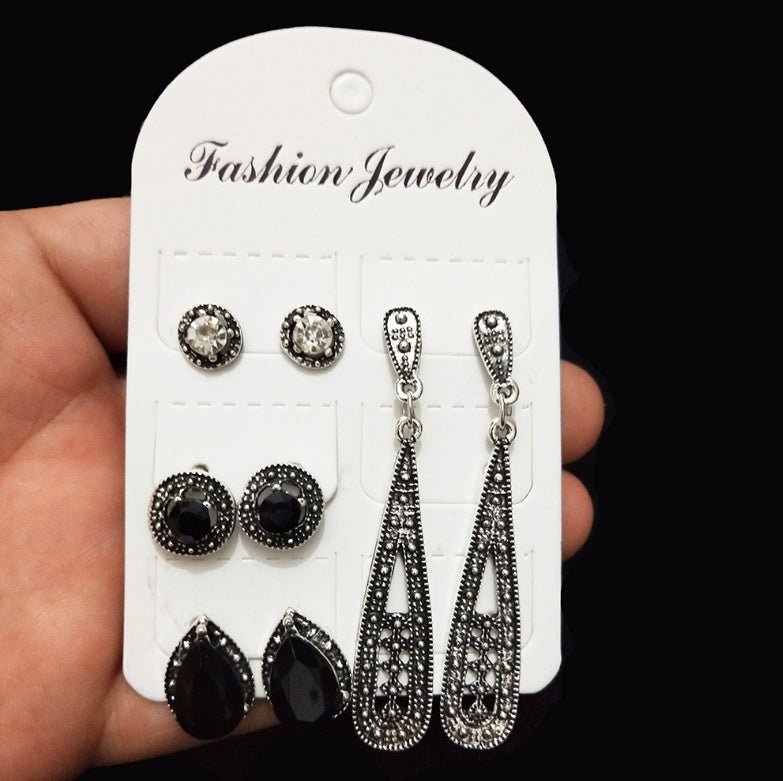 New Bohemian Black Diamond Long Vintage Zircon 4 Pair Stud Earrings Set Combination-Jewearrings