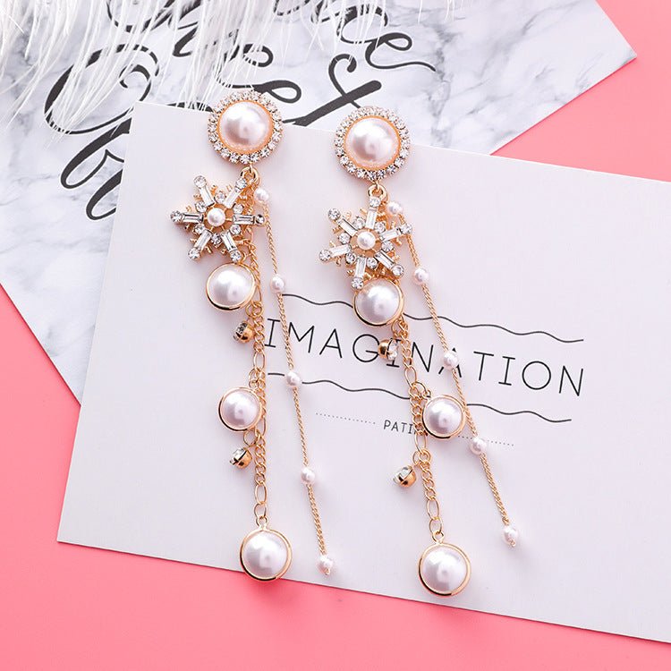 New Fashion Jewelry Crystal Snowflake Long Chain Tassel Earrings for Women Charm Pearl Statement Drop Dangle Earring-Jewearrings