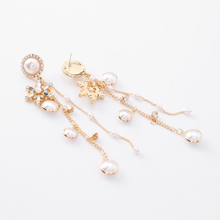 New Fashion Jewelry Crystal Snowflake Long Chain Tassel Earrings for Women Charm Pearl Statement Drop Dangle Earring-Jewearrings