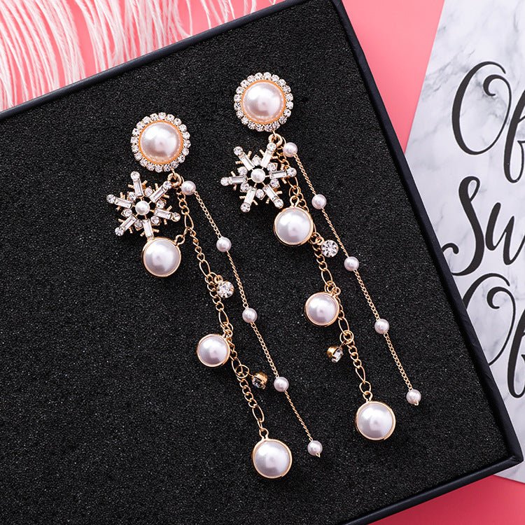 New Fashion Jewelry Crystal Snowflake Long Chain Tassel Earrings for Women Charm Pearl Statement Drop Dangle Earring-Jewearrings