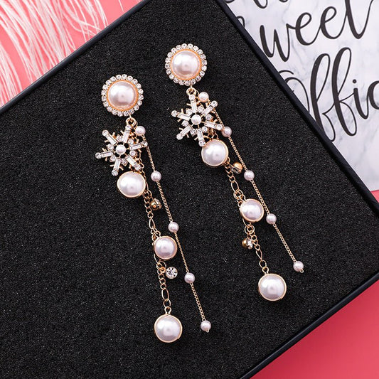 New Fashion Jewelry Crystal Snowflake Long Chain Tassel Earrings for Women Charm Pearl Statement Drop Dangle Earring-Jewearrings