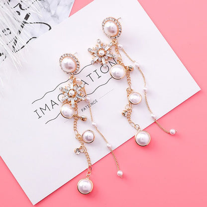 New Fashion Jewelry Crystal Snowflake Long Chain Tassel Earrings for Women Charm Pearl Statement Drop Dangle Earring-Jewearrings