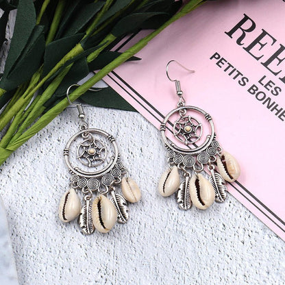 New Geometric Big Circle Woven Dream Net Natural Shell Long Fringe Earrings-Jewearrings