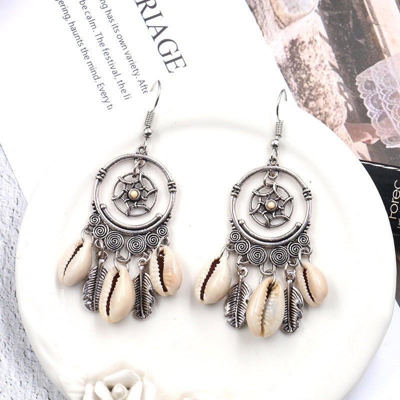 New Geometric Big Circle Woven Dream Net Natural Shell Long Fringe Earrings-Jewearrings