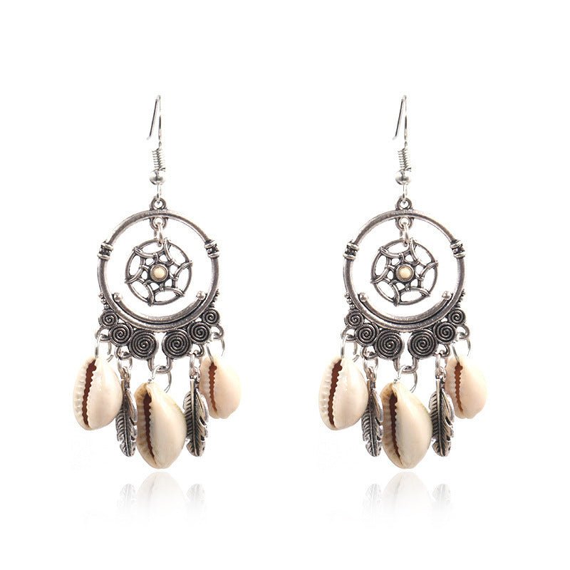 New Geometric Big Circle Woven Dream Net Natural Shell Long Fringe Earrings-Jewearrings