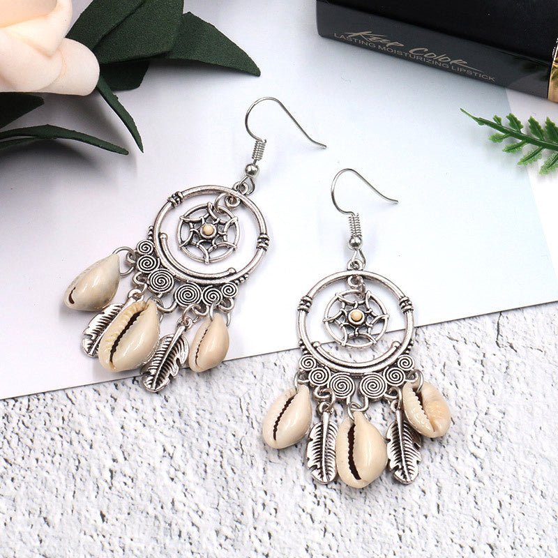 New Geometric Big Circle Woven Dream Net Natural Shell Long Fringe Earrings-Jewearrings