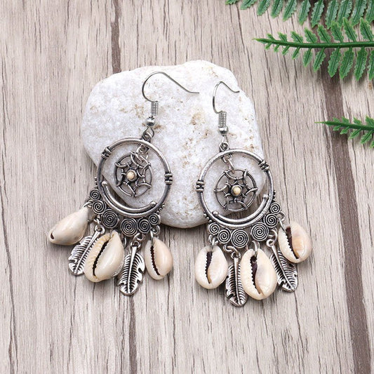 New Geometric Big Circle Woven Dream Net Natural Shell Long Fringe Earrings-Jewearrings