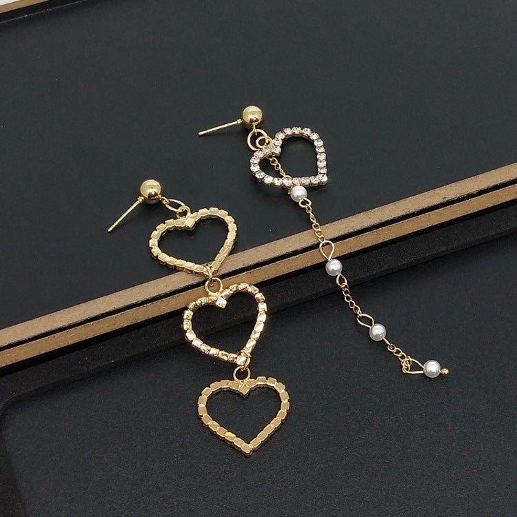 New Heart Shaped Asymmetric Diamond Pearl Earrings-Jewearrings