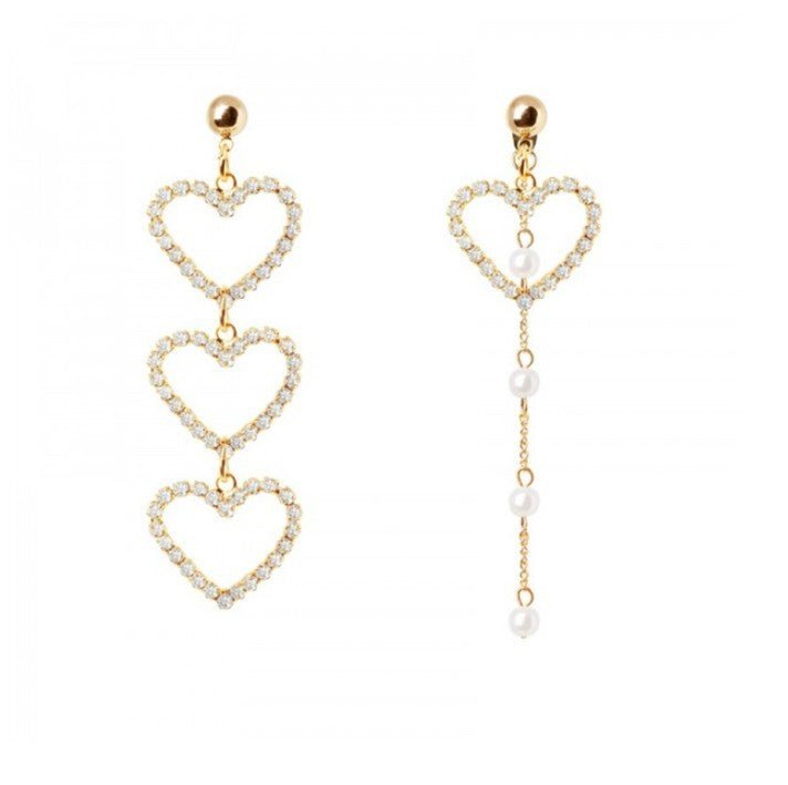 New Heart Shaped Asymmetric Diamond Pearl Earrings-Jewearrings