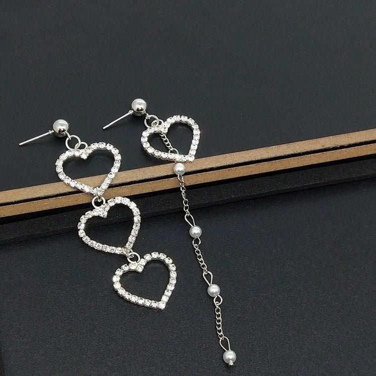 New Heart Shaped Asymmetric Diamond Pearl Earrings-Jewearrings