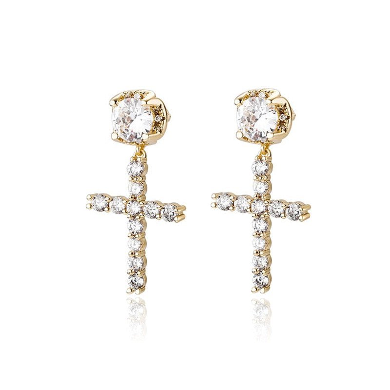 New Hot Sale Hip Hop Big Zircon Cross Stud Earrings-Jewearrings