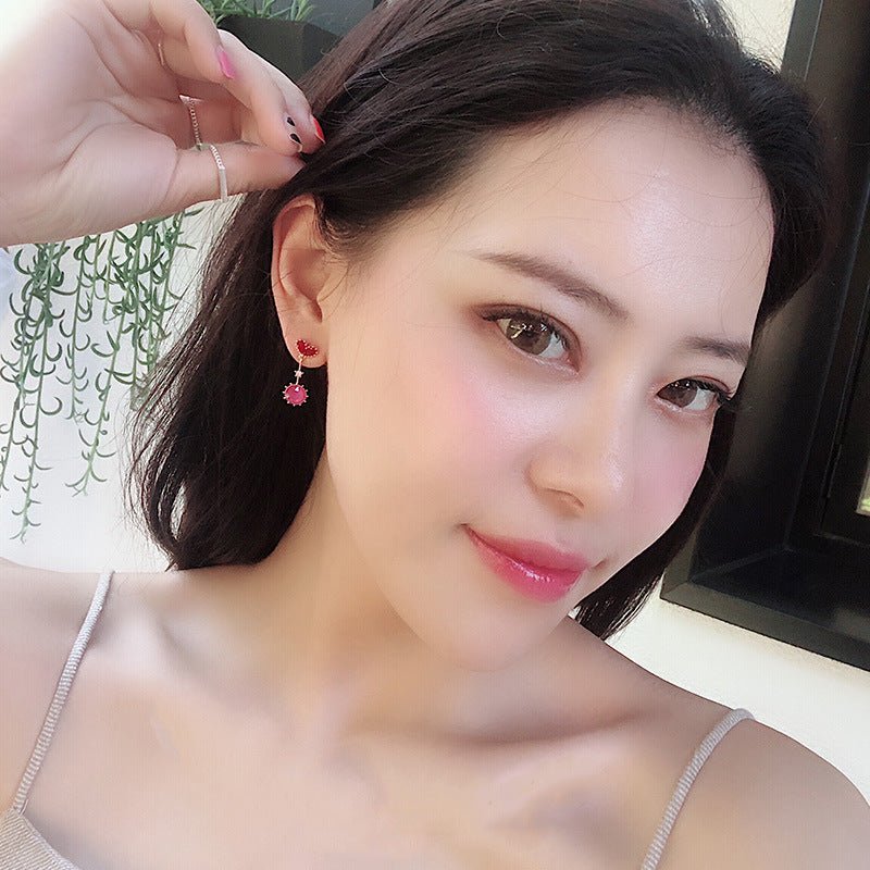 New Korea Dongdaemun New Year Red Love Round Diamond Decorative Crystal Silver Needle Earrings Female Earrings Stud Earrings-Jewearrings