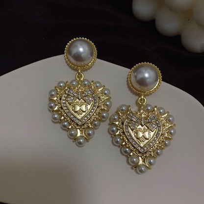 New Love Pearl Earrings Trendy Exaggerated Full Diamond Heart-Shaped Earrings Retro Earrings-Jewearrings