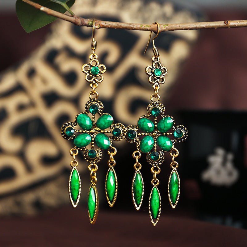 New Retro Ethnic Style Accessories Diamond Hole Blue Long Fringe Earrings Women-Jewearrings