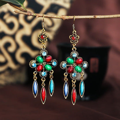 New Retro Ethnic Style Accessories Diamond Hole Blue Long Fringe Earrings Women-Jewearrings