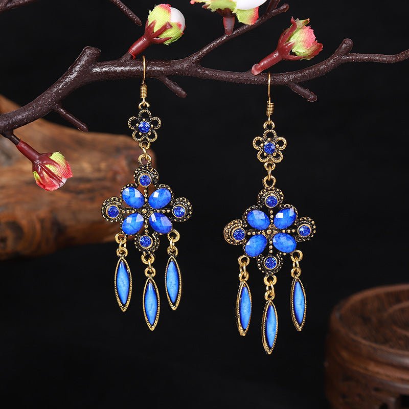 New Retro Ethnic Style Accessories Diamond Hole Blue Long Fringe Earrings Women-Jewearrings