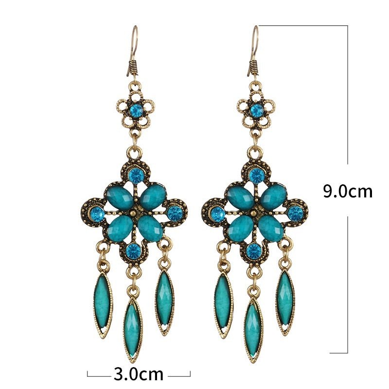 New Retro Ethnic Style Accessories Diamond Hole Blue Long Fringe Earrings Women-Jewearrings