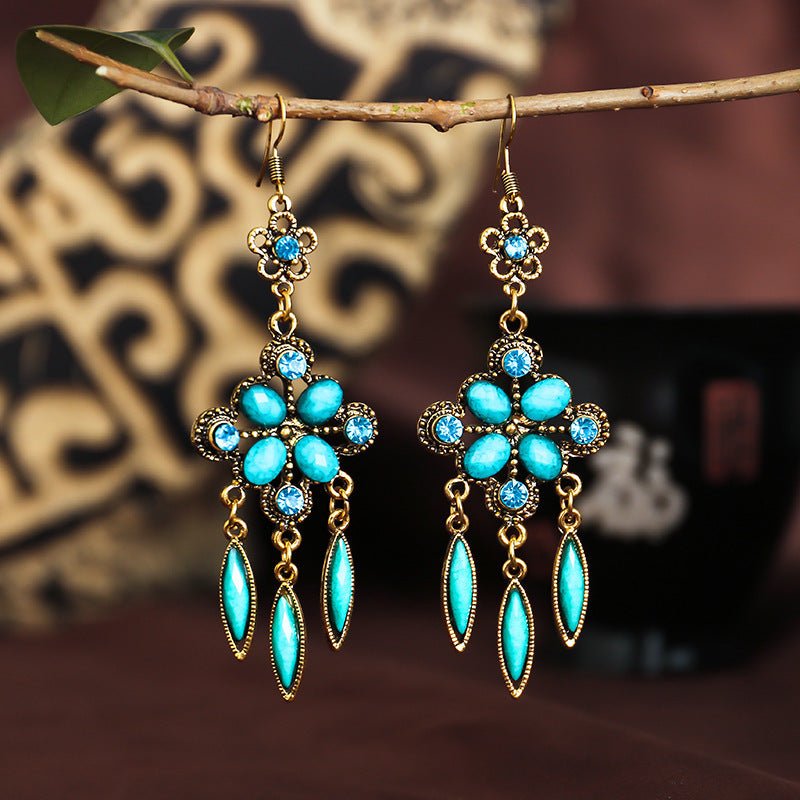 New Retro Ethnic Style Accessories Diamond Hole Blue Long Fringe Earrings Women-Jewearrings