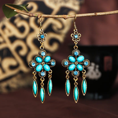 New Retro Ethnic Style Accessories Diamond Hole Blue Long Fringe Earrings Women-Jewearrings