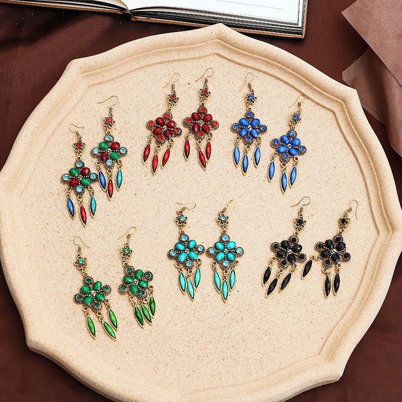 New Retro Ethnic Style Accessories Diamond Hole Blue Long Fringe Earrings Women-Jewearrings