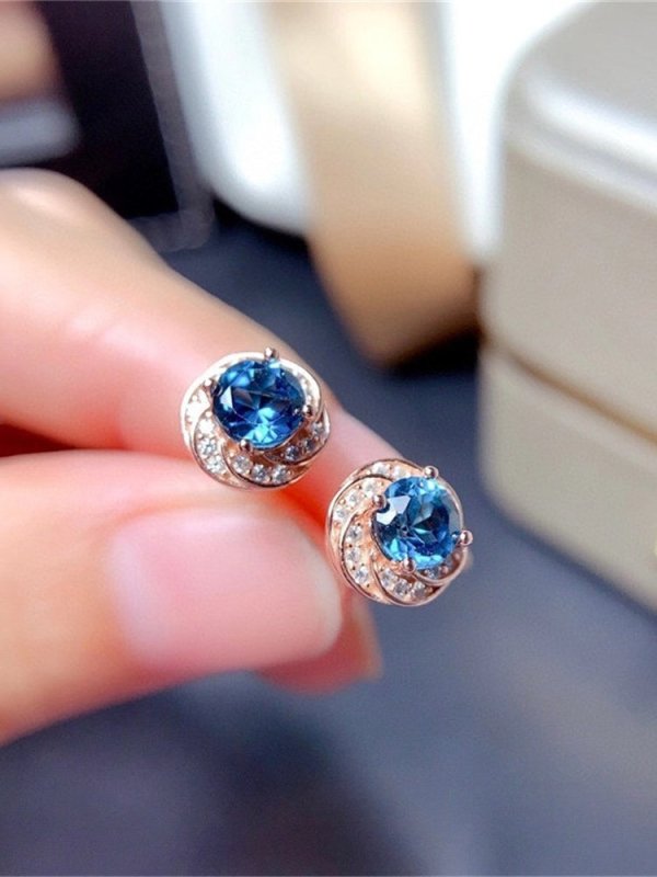 New Sapphire Natural London Blue Topaz Flower Stud Earrings-Jewearrings