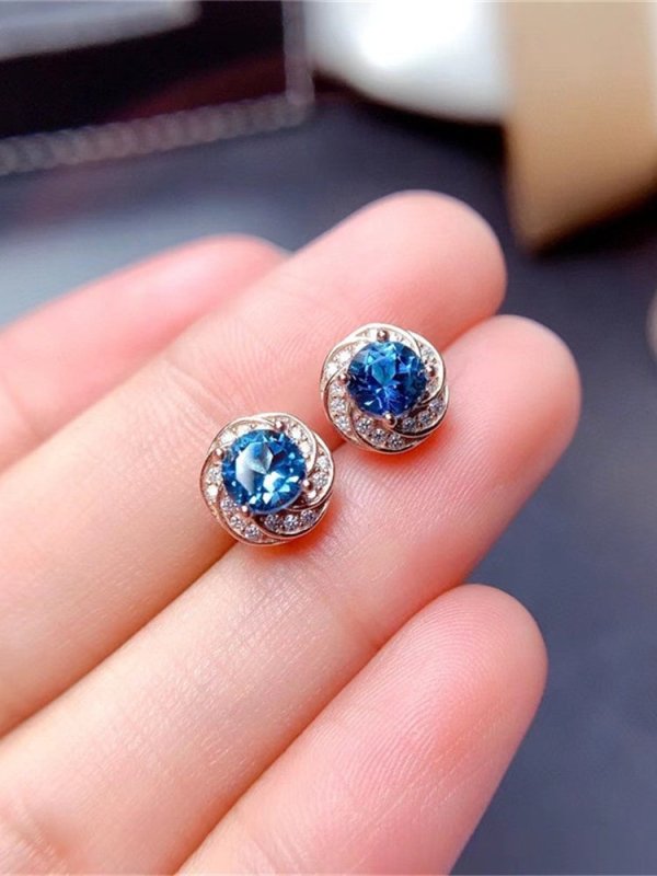 New Sapphire Natural London Blue Topaz Flower Stud Earrings-Jewearrings