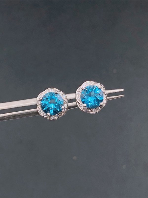 New Sapphire Natural London Blue Topaz Flower Stud Earrings-Jewearrings