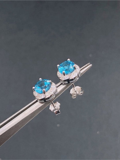 New Sapphire Natural London Blue Topaz Flower Stud Earrings-Jewearrings