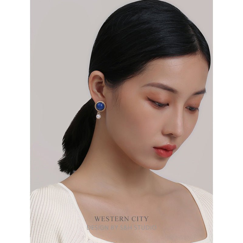 New Style Ear Clip Without Pierced Klein Blue Retro Pearl Stud Earrings-Jewearrings