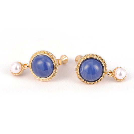 New Style Ear Clip Without Pierced Klein Blue Retro Pearl Stud Earrings-Jewearrings