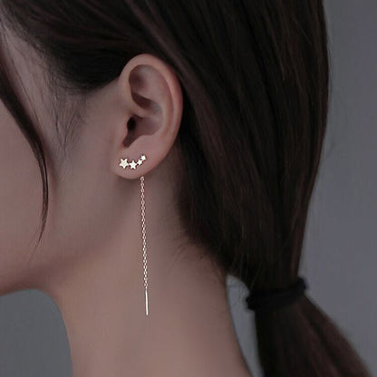 New Trendy Diamond-Studded Five-Pointed Star Stud Earrings Long Tassel Earrings-Jewearrings