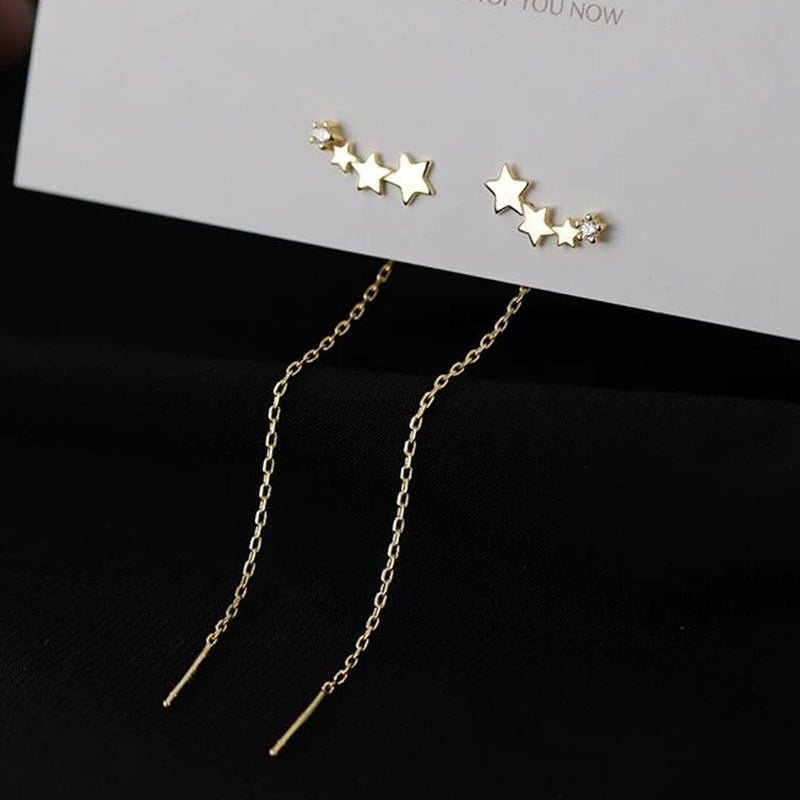 New Trendy Diamond-Studded Five-Pointed Star Stud Earrings Long Tassel Earrings-Jewearrings