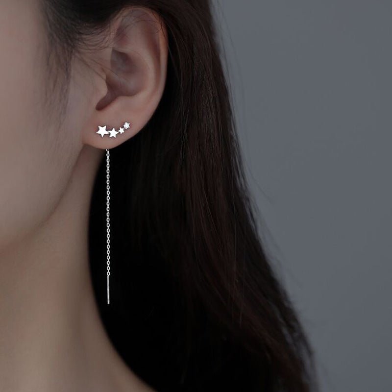 New Trendy Diamond-Studded Five-Pointed Star Stud Earrings Long Tassel Earrings-Jewearrings