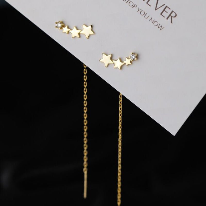 New Trendy Diamond-Studded Five-Pointed Star Stud Earrings Long Tassel Earrings-Jewearrings