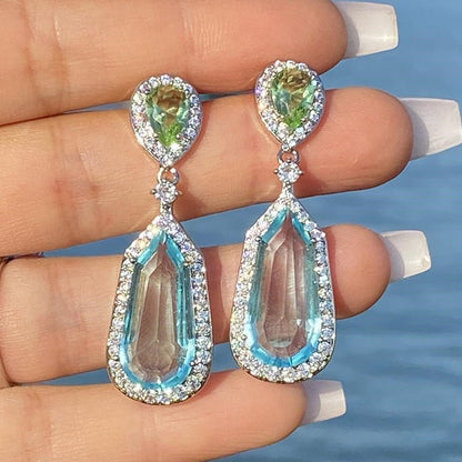 Niche Design Sea Blue Zircon Wedding Chic Bridal Dinner Earrings-Jewearrings