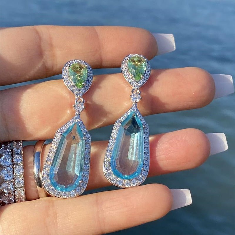 Niche Design Sea Blue Zircon Wedding Chic Bridal Dinner Earrings-Jewearrings