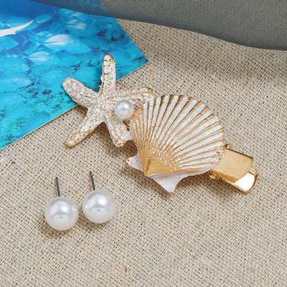 Niche European And American Alloy Starfish Shell Pearl Stud Earrings-Jewearrings