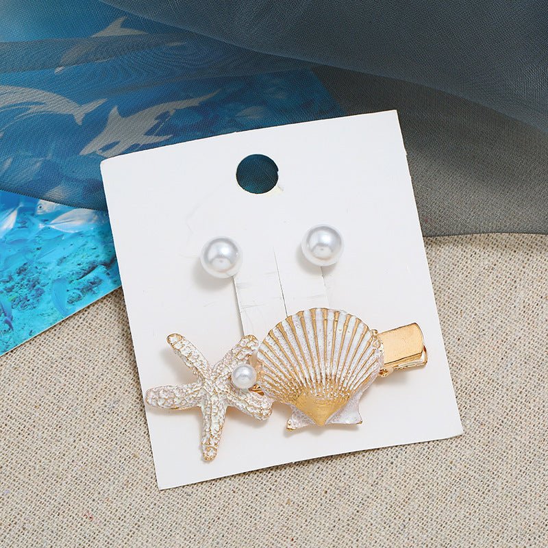 Niche European And American Alloy Starfish Shell Pearl Stud Earrings-Jewearrings