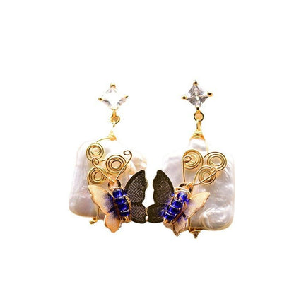 Original 925 Silver Natural Baroque Square Pearl Animal Butterfly Earrings-Jewearrings