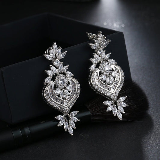 Ose Gold Luxury Big Long Flower Pendant Drop Earrings With Shining CZ Brincos Bridal Women Wedding Jewelry-Jewearrings