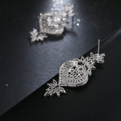 Ose Gold Luxury Big Long Flower Pendant Drop Earrings With Shining CZ Brincos Bridal Women Wedding Jewelry-Jewearrings