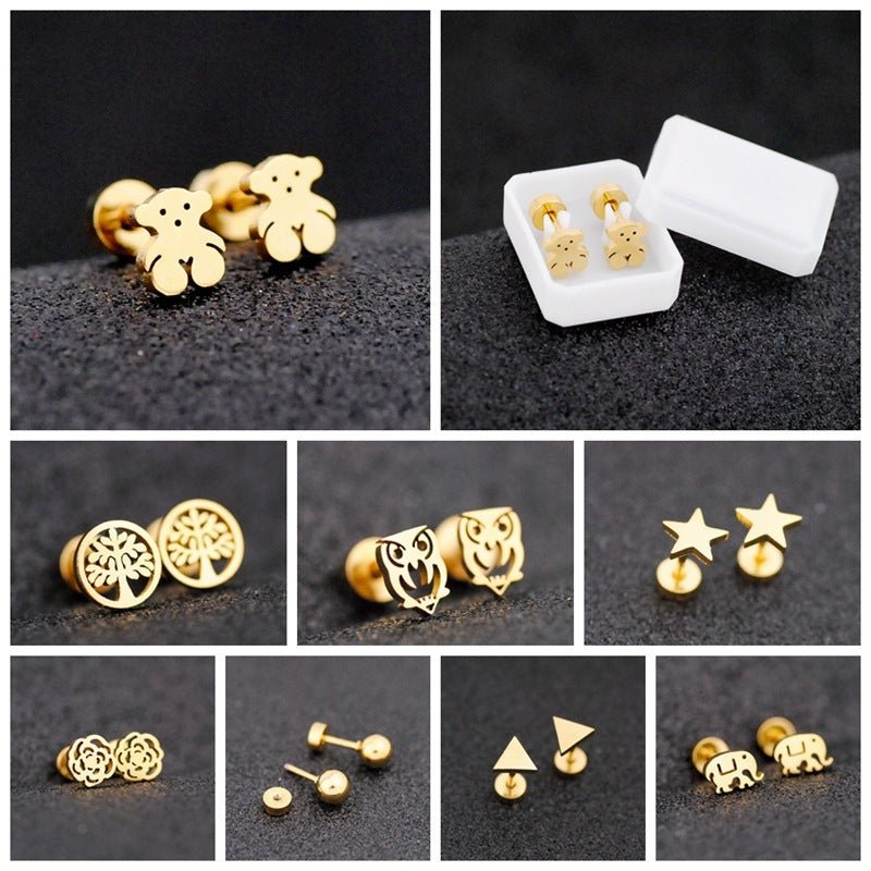 Owl Earrings Gold Plated Bear Studs-Jewearrings