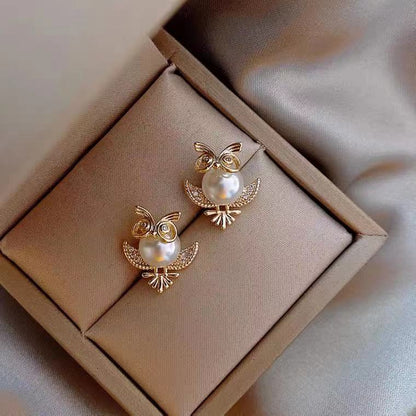 Owl Earrings Pearl Korean Temptation-Jewearrings