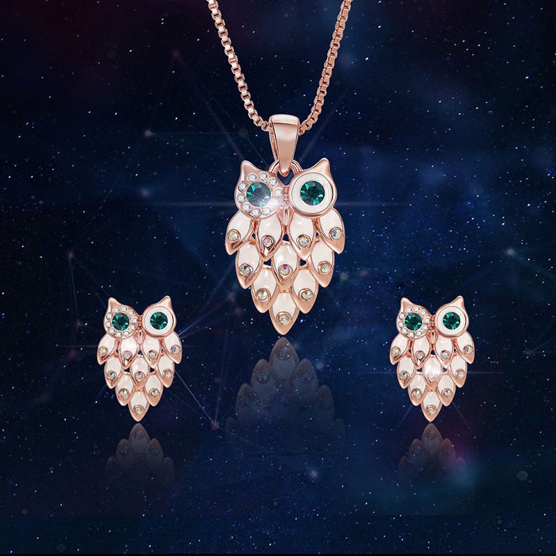 Owl Earrings Rhinestone Necklace Set-Jewearrings