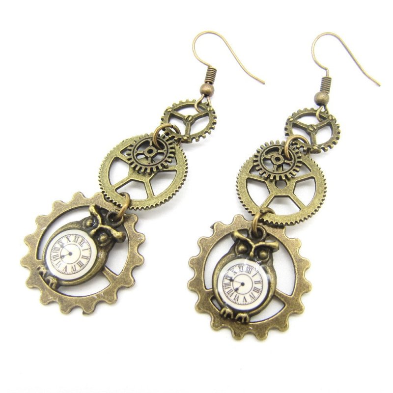 Owl Earrings Vintage Gear Pendant-Jewearrings